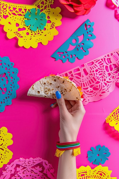 Female hand holding a tortilla on a pink background The concept of the Mexican holiday Cinco De Mayo