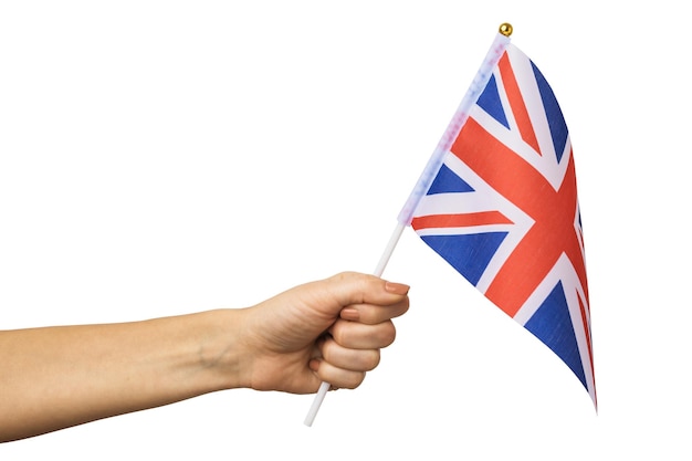 Female hand holding UK flag isolated on white background template for designers