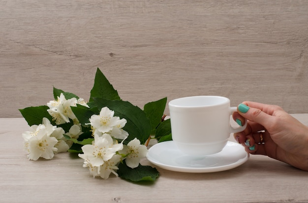 Female hand holding a white mug, a sprig of jasmine on the table