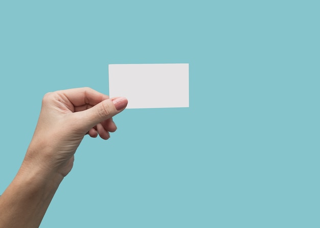 A female hand holds a business card on a blank blue background. place for design.