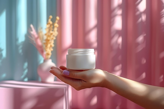 a female hand holds a cosmetic jar with applied cream The concept of hand cream lotion