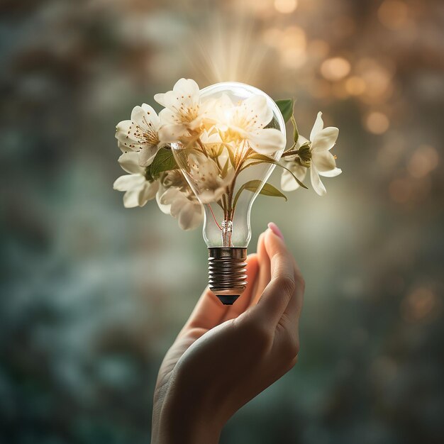 Female hand holds glowing light bulb with flowers