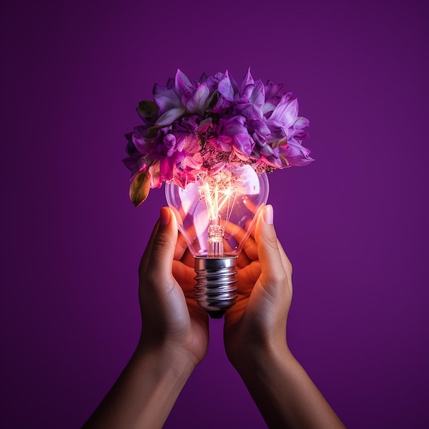 Foto la mano della donna tiene una lampadina luminosa con fiori viola