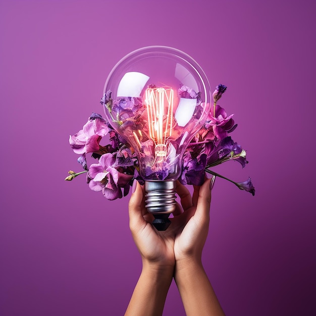 Female hand holds glowing light bulb with purple flowers