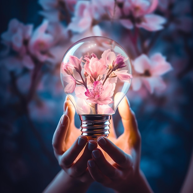 Female hand holds glowing light bulb