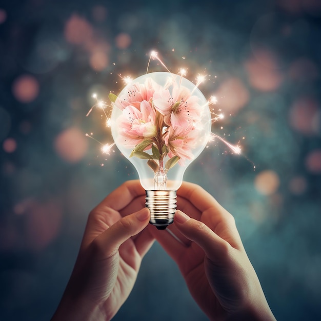 Female hand holds glowing light bulb