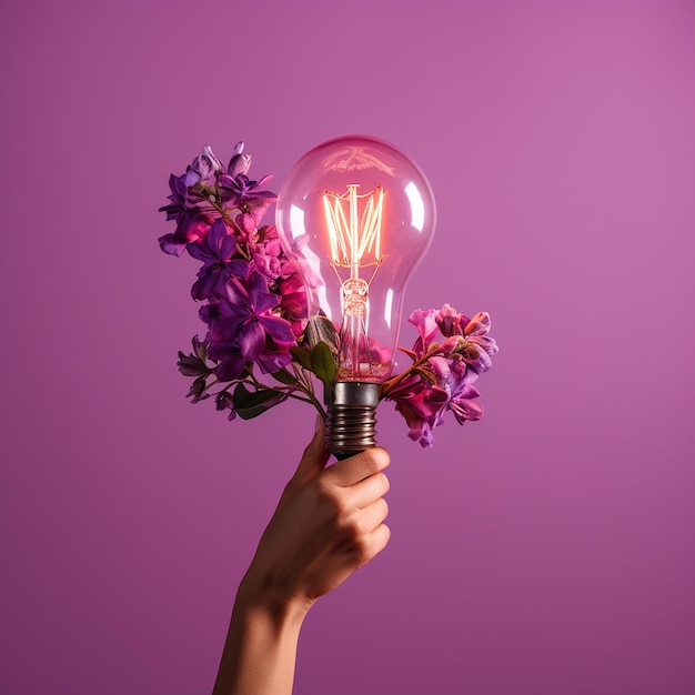 Female hand holds glowing light bulb