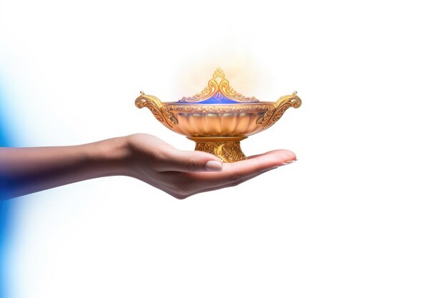 Photo female hand holds magic lamp on white backdrop banner style