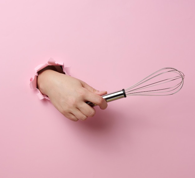 Female hand holds a metal whisk for beating products on a pink background. A part of the body sticks out of a torn hole