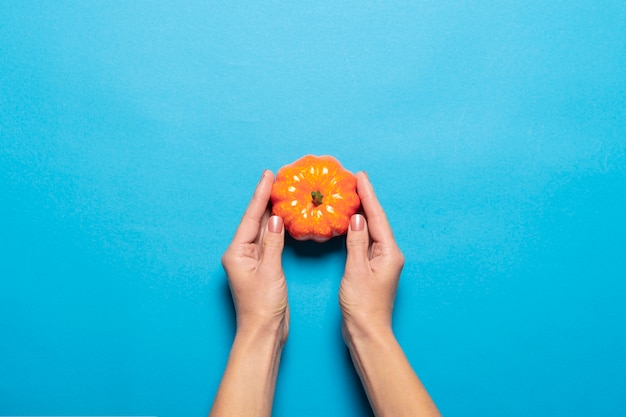 Foto la mano femminile tiene una zucca isolata