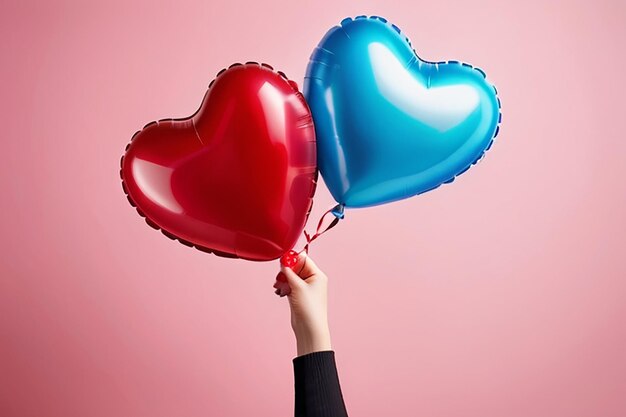 Female hand holds red rubber inflatable heart shape balloon love relationship valentines day and birthday celebration concept