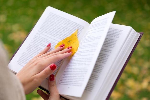 Female hand holds yellow leaf on an open book Autumn background or postcard