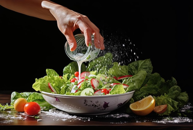 a female hand is sprinkled some salt onto a salad s