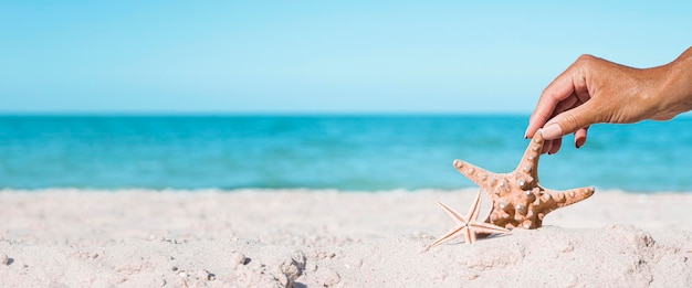 Female hand is touching starfish on a sandy beach Tropical nature Banner