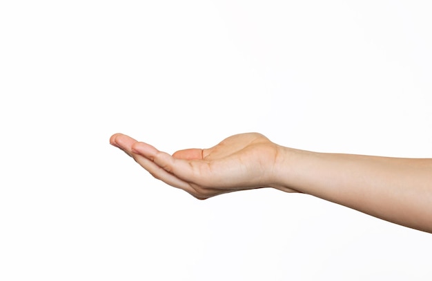 Female hand makes a gesture like holding something or asking for help isolated on a white background