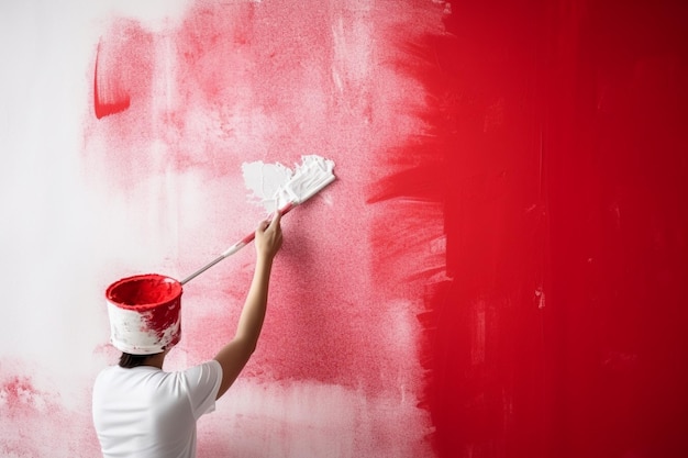 Female hand paints wall with paint roller