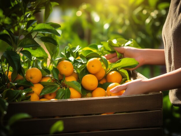 Female hand picking fresh oranges in a box Selective focus