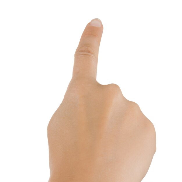 Female Hand Pointing or Simulating Pressing a Button Gesture of an Index Finger on a white background