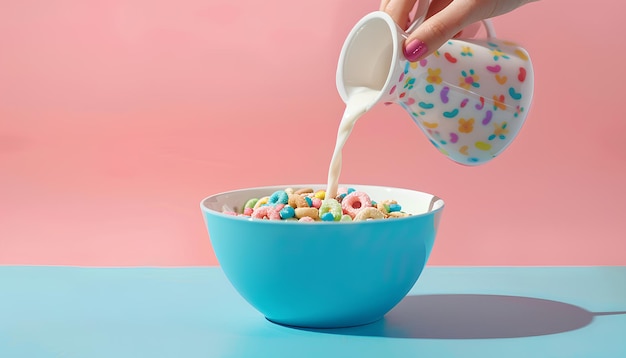 Female hand pouring milk from pitcher into bowl with colorful cereal rings on blue table on pink