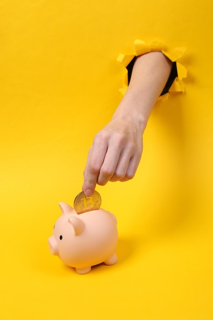 Female hand puts bitcoin in the piggy bankxathrough torn hole yellow paper concept art minimalism