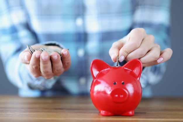 Female hand puts coins in piggy bank