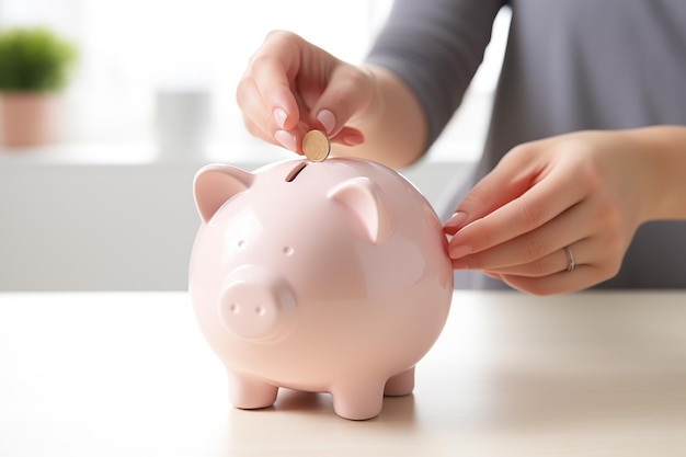 Female hand putting coin into piggybank on wooden background