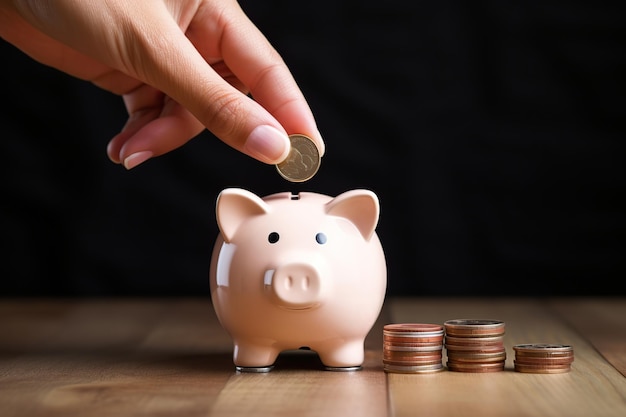 Female hand putting coin into piggybank on wooden background