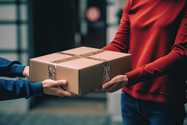 Female hand receiving a box from the delivery person online delivery person