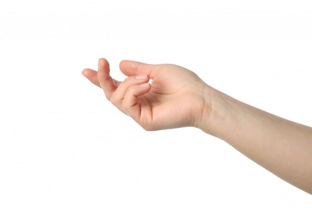 Female hand showing gesture, isolated on white background