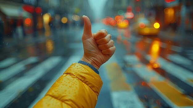 女性の手が道路に親指を掲げている