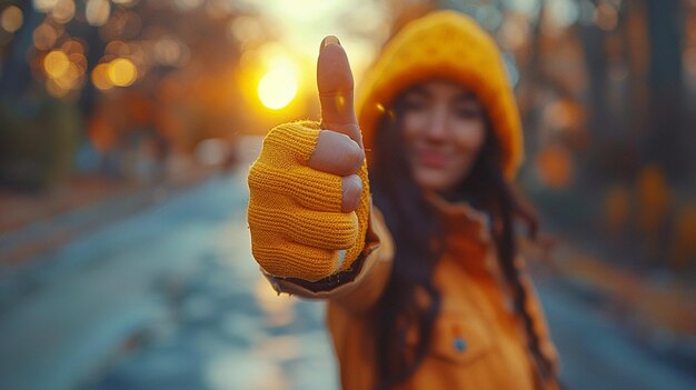 Photo female hand showing thumb up sign on the road