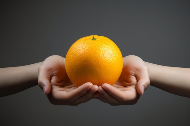 Photo female hand squeezing orange isolated on grey copy space