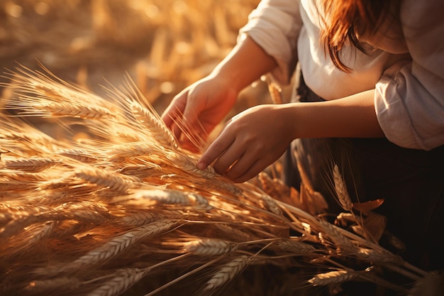 Female hand tending to barley in warm light generative by ai