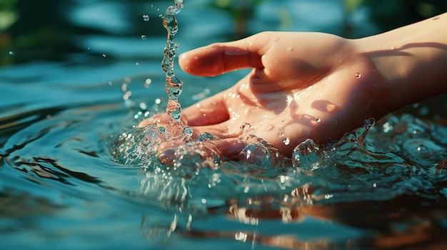 Foto una mano femminile che tocca l'acqua dell'oceano di fronte a un bellissimo tramonto durante l'estate