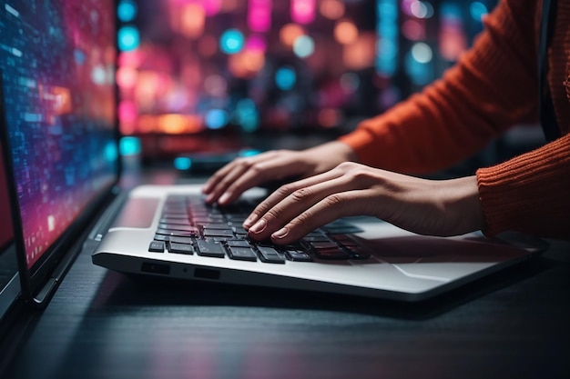 female hand typing on keyboard of laptop