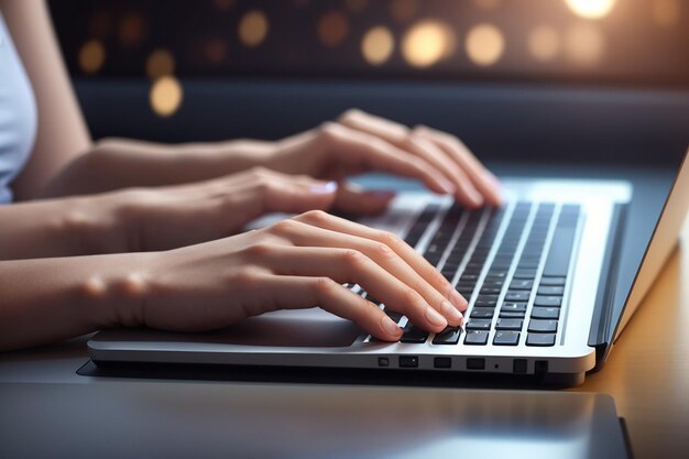 female hand typing on keyboard of laptop