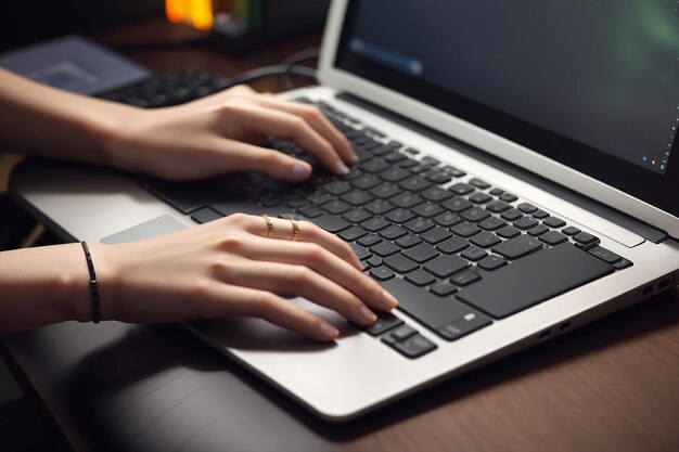 female hand typing on keyboard of laptop