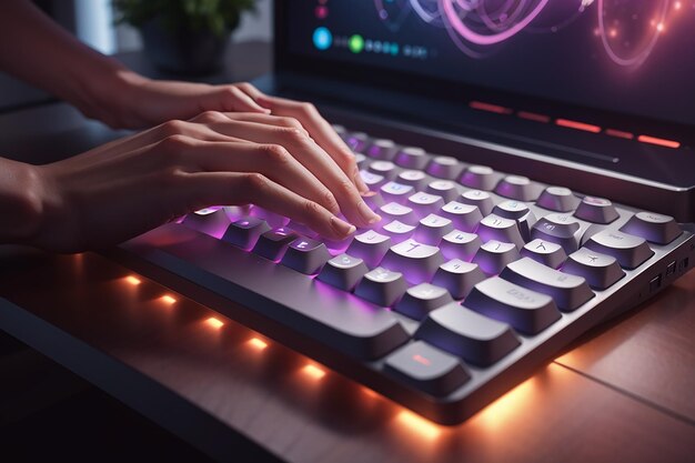 female hand typing on keyboard of laptop