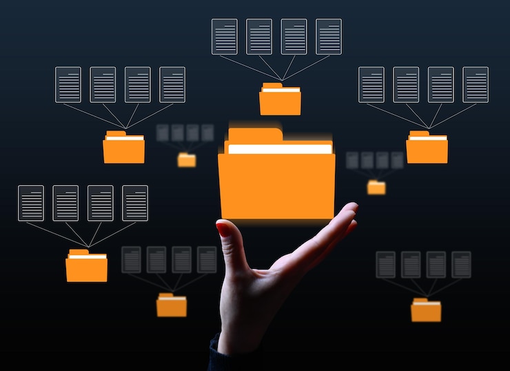 Photo a female hand and virtual icons of folders and files a concept of data organization and archiving remote data management paperless