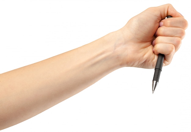 Female hand on a white background with a pen