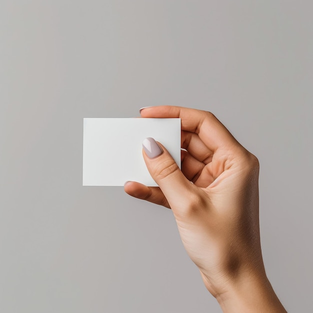 Female hand with blank invitation card on light background