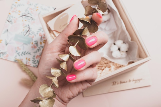 Female hand with bright pink manicure holds a branch of golden eucalyptus