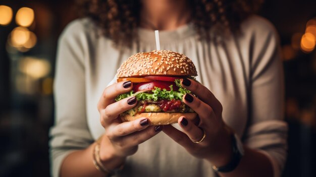 Female hand with delicious burger at burger shop