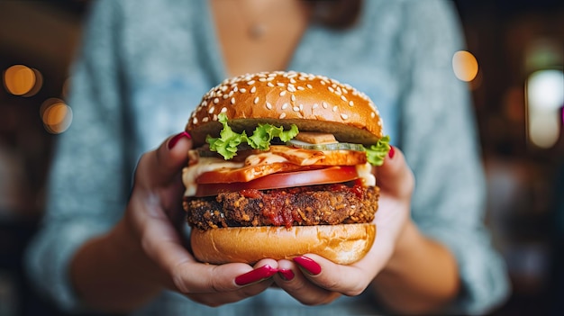 Female hand with delicious burger at burger shop