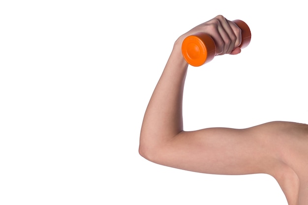 Photo female hand with dumbbell, tense biceps muscle, white background, closeup view. fitness active trainings