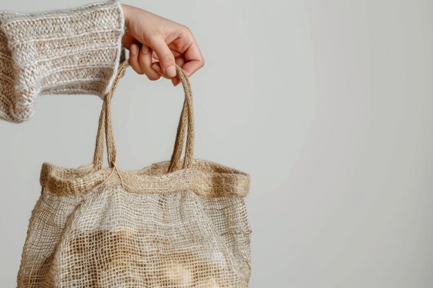 Photo female hand with eco bag on white background zero waste concept