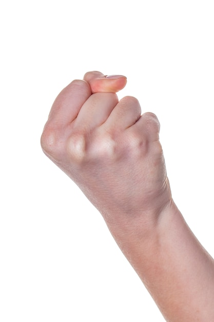 Female hand with fingers folded into fist isolated on white. Body language.