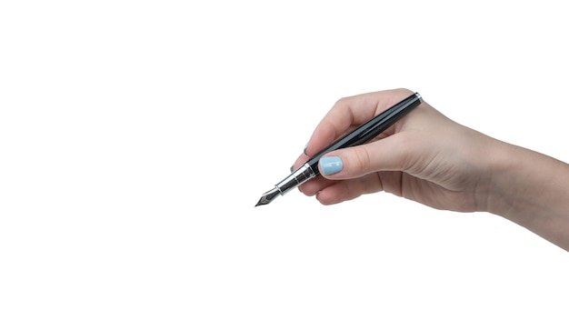 Female hand with fountain pen isolated on white . Vintage writing supplies.