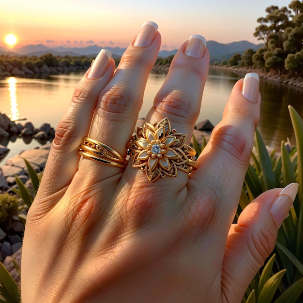 Photo female hand with golden rings