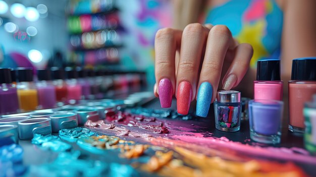 Female hand with long nails and bright pink manicure Nail polish bottles